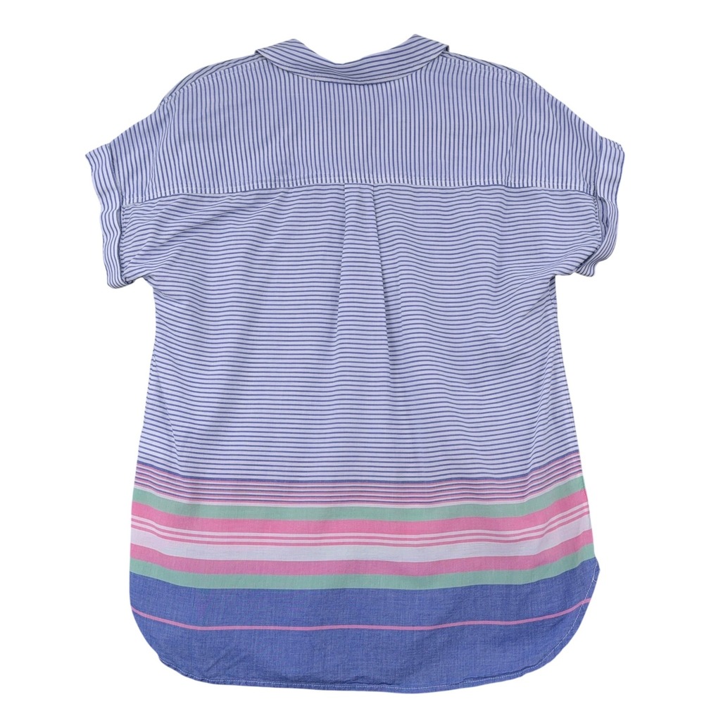 Casual Striped Split-Neck Blouse in Blue and Pastel - Picture 2 of 6